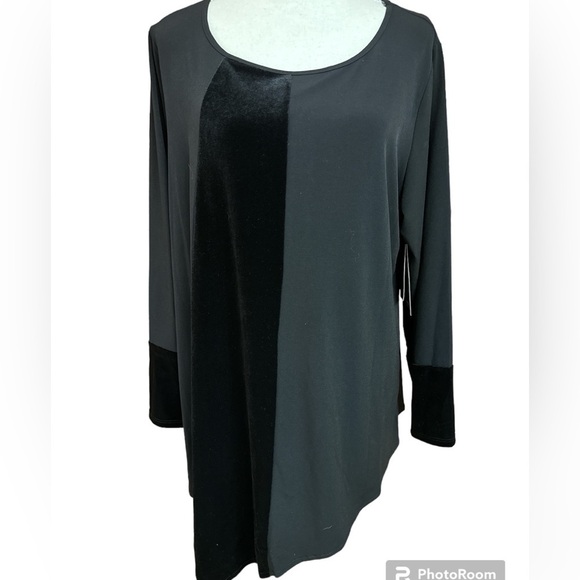 Alfani Mixed Media Velvet Blk Asymmetrical Hem Scoopneck Longsleeved Top NWT 1X - Picture 1 of 10